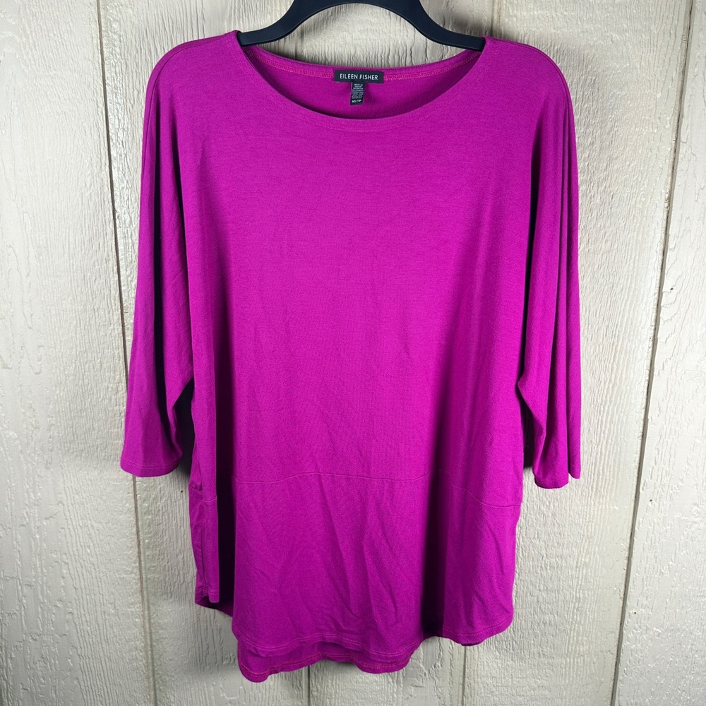 Eileen Fisher Tunic Top Womens Size XS Magenta Purple 3/4 Sleeve Relaxed Viscose